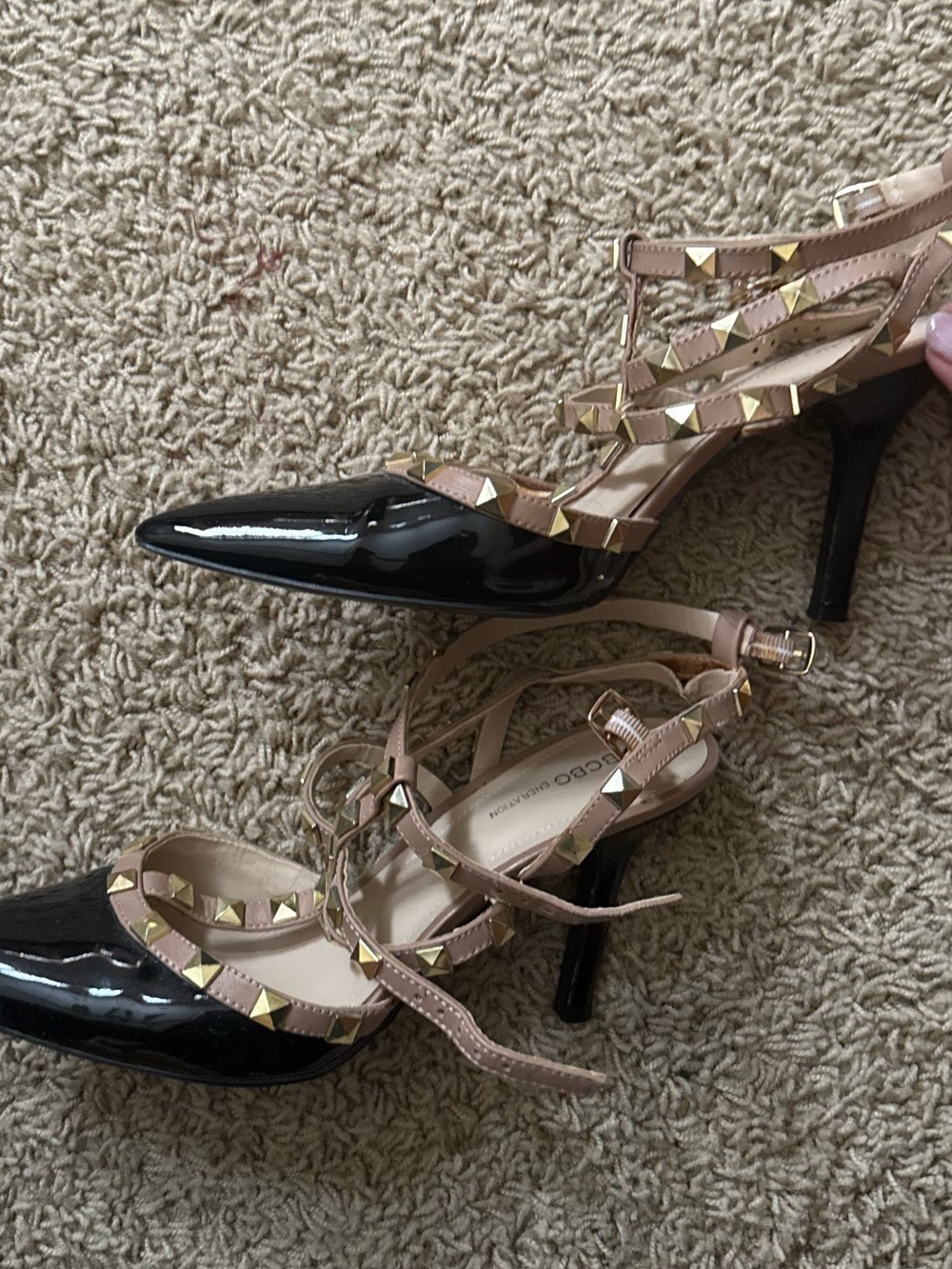 Studded Pointed-Toe Strappy Pump in Black and Nude